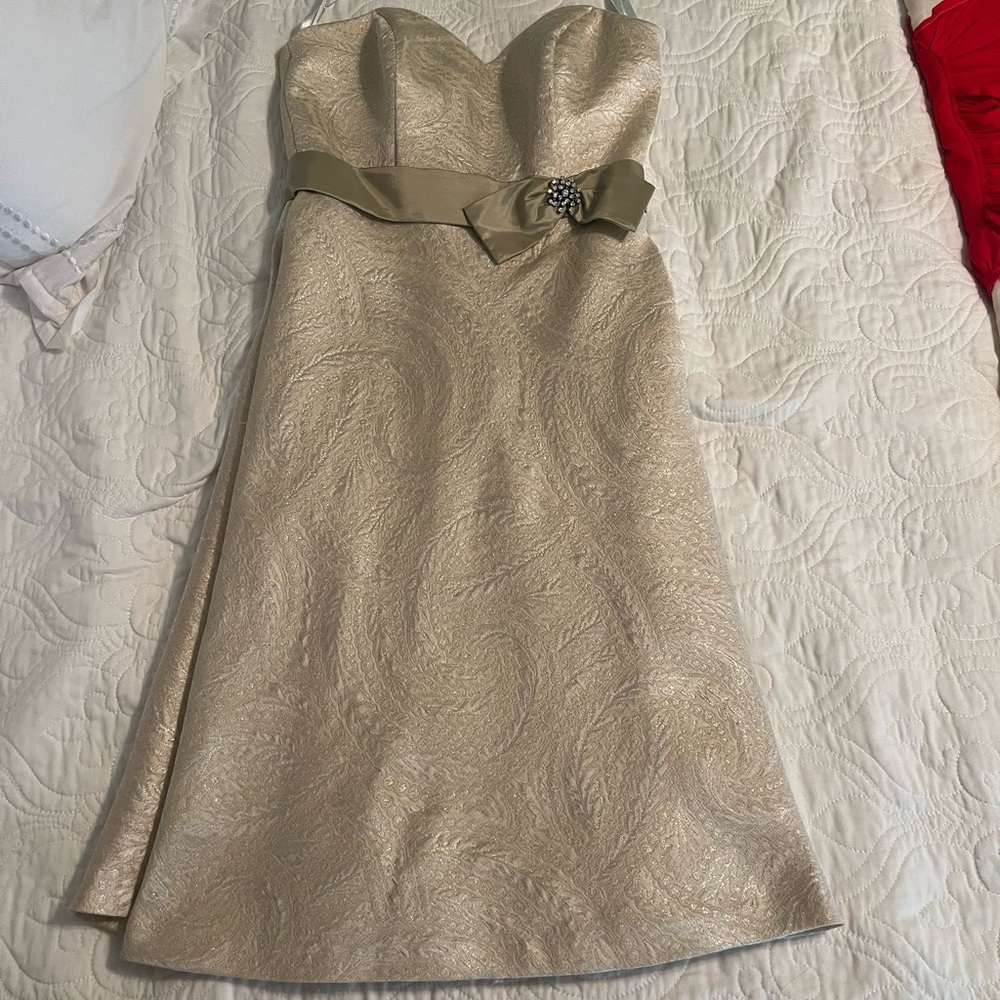 David's Bridal Strapless Gold Dress with Bow Accent
